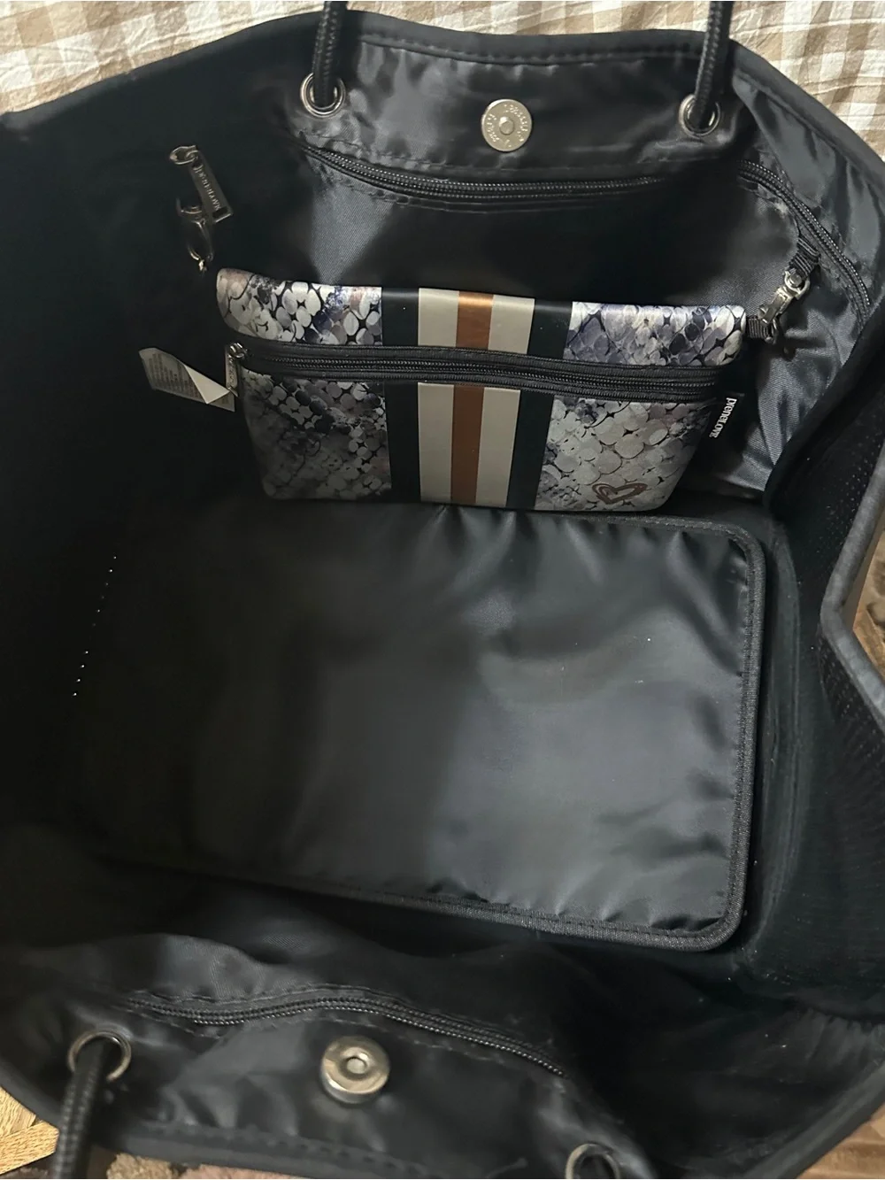 Striped Snake-Print Duffel Bag with Pouch - Black, Tan, Gray